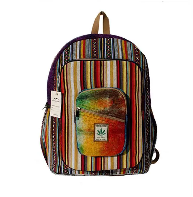 Main image of Hemp Backpack | 100% Pure Hemp - All Natural Handmade Multi Pocket Large Laptop Backpack | Travel Backpack - For Women and Men | Laptop Sleeve -Water Bottle Pockets | Boho Hippie - Rainbow