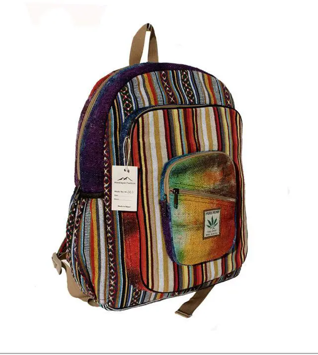 Alt view image 2 of 4 - Hemp Backpack | 100% Pure Hemp - All Natural Handmade Multi Pocket Large Laptop Backpack | Travel Backpack - For Women and Men | Laptop Sleeve -Water Bottle Pockets | Boho Hippie - Rainbow