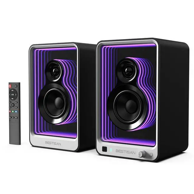 Main image of BESTISAN 50W*2 Active Bookshelf Speakers with Dynamic Light Effect, 3" Bass Computer Speakers with ARC/Optical/RCA/BT 5.2/USB/SUB Out Input for Turntable, PC, TV and Phone.