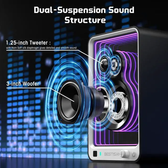 Alt view image 4 of 5 - BESTISAN 50W*2 Active Bookshelf Speakers with Dynamic Light Effect, 3" Bass Computer Speakers with ARC/Optical/RCA/BT 5.2/USB/SUB Out Input for Turntable, PC, TV and Phone.