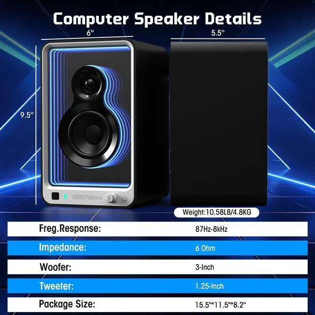 Alt view image 5 of 5 - BESTISAN 50W*2 Active Bookshelf Speakers with Dynamic Light Effect, 3" Bass Computer Speakers with ARC/Optical/RCA/BT 5.2/USB/SUB Out Input for Turntable, PC, TV and Phone.