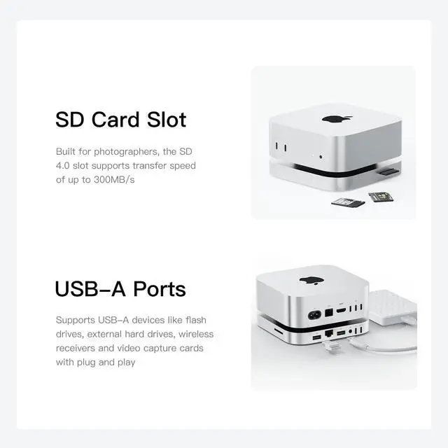Alt view image 3 of 5 - Mate Mini-A for Mac mini M4 Dock, 80Gbps Thunderbolt 5 Aluminum Alloy Stand with Dual M.2 PCle SSD Solts 8TB4TB*2, Thunderbolt5*1USB-A 3.0 * 22.5G LAN*1SD4.0 * 1Type-C(PD3.0)*1