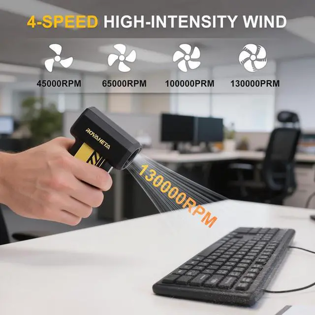 Alt view image 2 of 5 - Electric Compressed Air Duster Cordless: 130000RPM Air Blower with LED, 4-Gear Adjustable Mini Blower, Aluminum Alloy Body with 1/4 Nut, Electric Duster for Keyboard Car, Ideal for Home Office Gamers