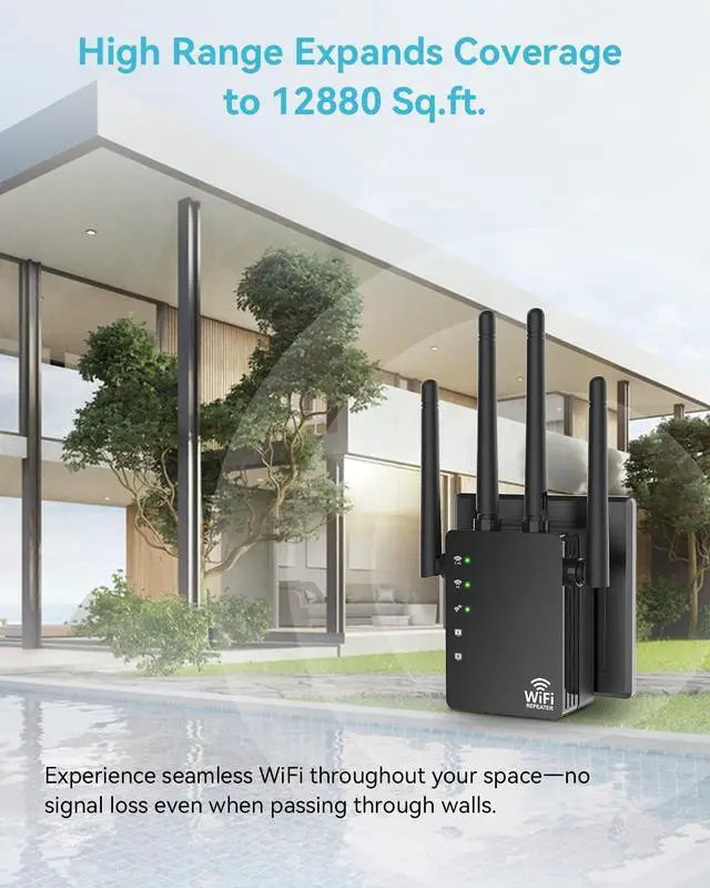 Alt view image 2 of 5 - WiFi Extender Signal Booster Covers 12880 Sq.ft, WiFi Extender for Home and Outdoor, Compatible with 105 Devices, Dual Band 5GHz/2.4GHz, WiFi Repeater Range Extender
