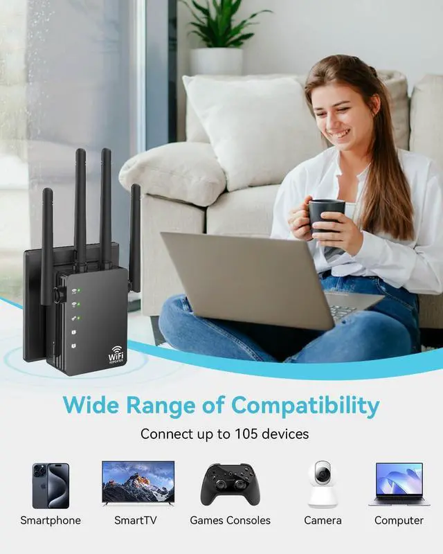 Alt view image 3 of 5 - WiFi Extender Signal Booster Covers 12880 Sq.ft, WiFi Extender for Home and Outdoor, Compatible with 105 Devices, Dual Band 5GHz/2.4GHz, WiFi Repeater Range Extender