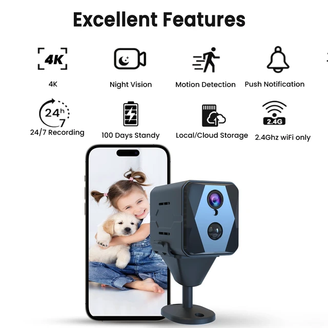 Alt view image 2 of 5 - vebiliki Spy Camera, 4K Hidden Camera, Mini Camera, Real-Time Recording, AI Motion Detection, Support Cloud & TF Storage, Auto Night Vision, WiFi Cameras for Home Security, 2.4G WiFi Only