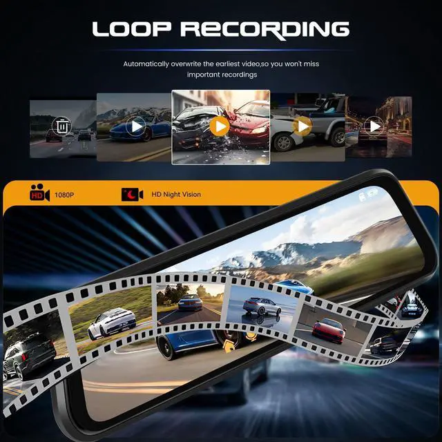 Alt view image 3 of 5 - 9.66 Inch IPS Mirror Dash Cam 1080P Front 480P Rear Dual Lens Touch Screen Dash Cam Front and Rear 150 Wide Angle Night Vision Loop Recording Reverse Assistance Motion Detection