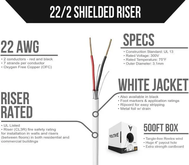 Alt view image 2 of 5 - Voltive 22/2 Shielded Low Voltage Wire, Riser CL3R, White, 500ft - 22AWG, 2 Conductors, Overall Shield, Stranded Bare Copper, UL Listed - V-1258-1