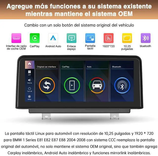 Alt view image 3 of 5 - Wireless Android Auto Carplay Screen for BMW 1 Series E81 E82 E87 E88 2004-2008 with CCC System Support Mirrorlink Bluetooth Siri 10.25 Inch Car Screen Radio