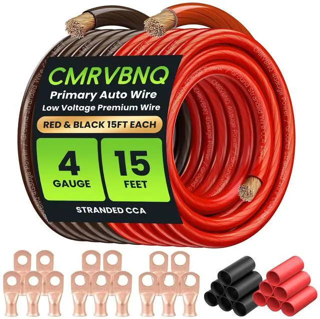 Main image of CMRVBNQ 4 Gauge Battery Cable CCA Wire Kit, 15ft Each Red Black with Terminals Heat Shrink Tubes Low Voltage Primary Automotive Power Ground Cable for Car Audio Amp Subwoofer RV Wiring