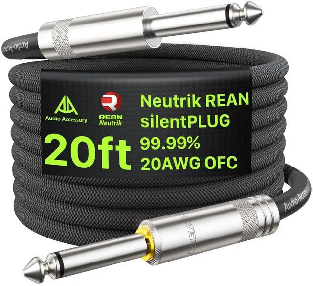 Main image of AA AUDIO ACCESSORY Silent Guitar Cable 20 ft, Neutrik REAN silentPLUG, Kevlar-Reinforced Nylon Braided Anti-Kinking, Auto Mute 20 AWG 99.99% OFC 1/4 Instrument Cable, Shielded Amp Cord for Bass Guitar