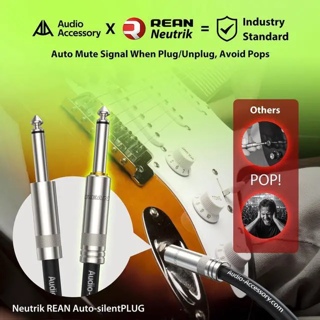 Alt view image 3 of 5 - AA AUDIO ACCESSORY Silent Guitar Cable 20 ft, Neutrik REAN silentPLUG, Kevlar-Reinforced Nylon Braided Anti-Kinking, Auto Mute 20 AWG 99.99% OFC 1/4 Instrument Cable, Shielded Amp Cord for Bass Guitar