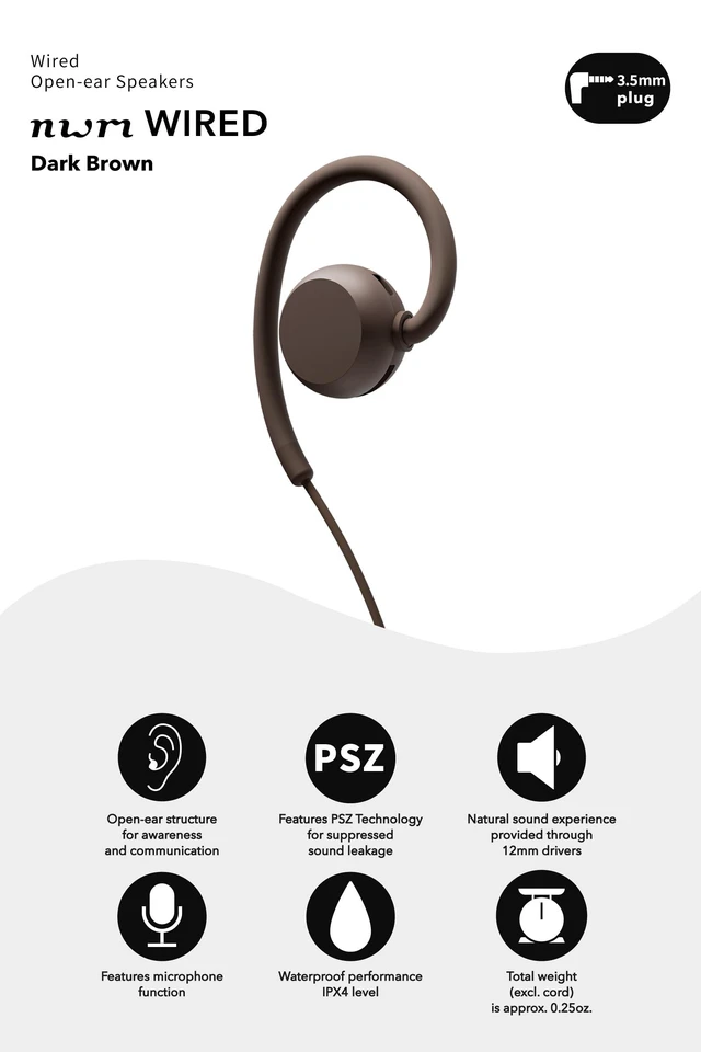 Alt view image 3 of 5 - nwm Wired 3.5mm Open Ear Stereo Earbuds with Microphone Dark Brown