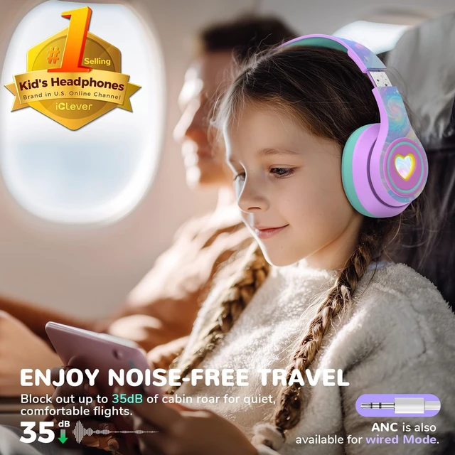 Alt view image 2 of 5 - iClever Auraa Active Noise Cancelling Headphones for Kids, LED Light Up, Bluetooth 6.0, Safe Volume 80dBA, 47H Play Time,Fast Charging,Kids Headphones Wireless with Mic AUX Cord for Travel iPad