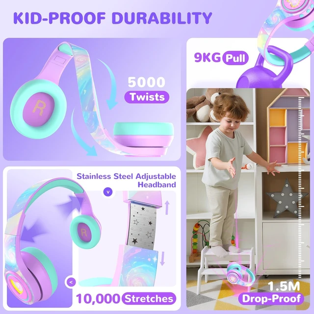 Alt view image 5 of 5 - iClever Auraa Active Noise Cancelling Headphones for Kids, LED Light Up, Bluetooth 6.0, Safe Volume 80dBA, 47H Play Time,Fast Charging,Kids Headphones Wireless with Mic AUX Cord for Travel iPad