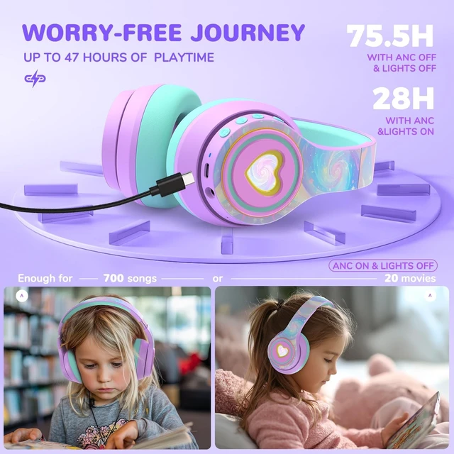 Alt view image 3 of 5 - iClever Auraa Active Noise Cancelling Headphones for Kids, LED Light Up, Bluetooth 6.0, Safe Volume 80dBA, 47H Play Time,Fast Charging,Kids Headphones Wireless with Mic AUX Cord for Travel iPad