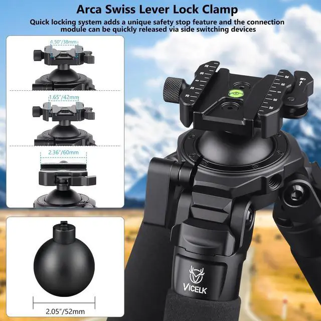 Alt view image 4 of 5 - VICELK MK403 71.6'' Carbon Fiber Tripod for Hunting with Arca Swiss Quick-Release Mount, 360 Rotating 52mm Ball Head Adpter for Photography, Hunting and Outdoor, 40mm/1.57" Tube, Load 40kg/88lbs