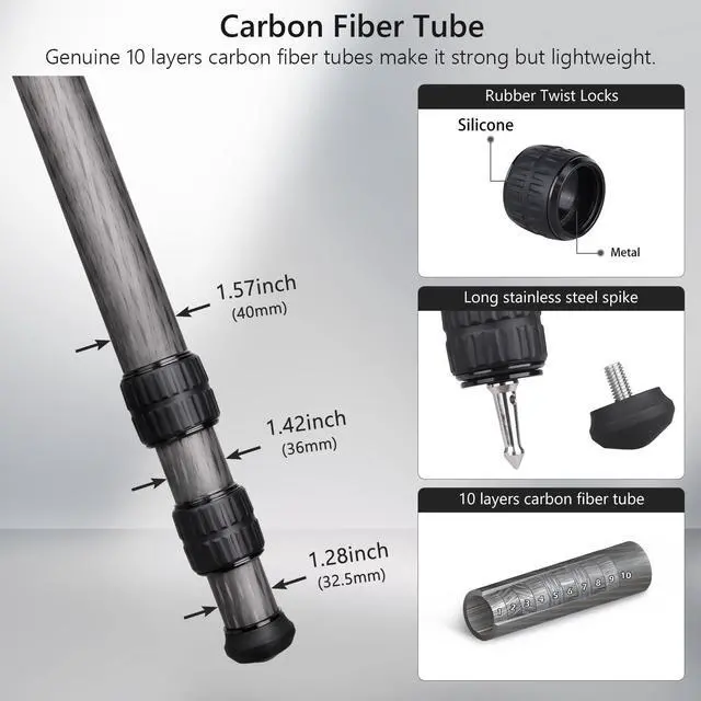 Alt view image 5 of 5 - VICELK MK403 71.6'' Carbon Fiber Tripod for Hunting with Arca Swiss Quick-Release Mount, 360 Rotating 52mm Ball Head Adpter for Photography, Hunting and Outdoor, 40mm/1.57" Tube, Load 40kg/88lbs