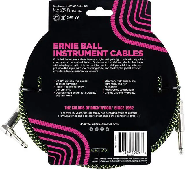 Alt view image 3 of 3 - Ernie Ball Braided Instrument Cable Set Straight/Angle Length 18ft in Neon Green/Black (P06082) - Pack of 2