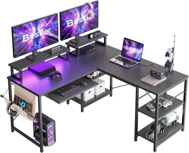 Bestier 95.2 inch L Shaped Gaming Desk with LED Light Home Office Desk with  Monitor Stand & Keyboard Tray in Carbon Fiber