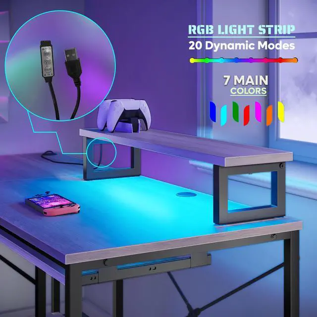 Alt view image 3 of 7 - Bestier L Shaped Gaming Desk with Led Light 95.2 Inch Computer Corner Desk or 2 Person Long Table with Shelves Monitor Stand and Keyboard Tray for Home Office, Wash Gray