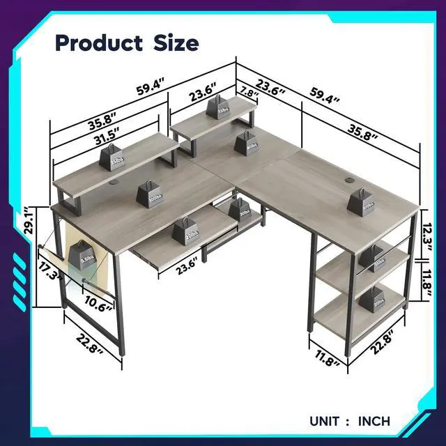 Alt view image 7 of 7 - Bestier L Shaped Gaming Desk with Led Light 95.2 Inch Computer Corner Desk or 2 Person Long Table with Shelves Monitor Stand and Keyboard Tray for Home Office, Wash Gray
