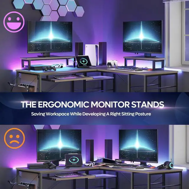 Alt view image 4 of 7 - Bestier L Shaped Gaming Desk with Led Light 95.2 Inch Computer Corner Desk or 2 Person Long Table with Shelves Monitor Stand and Keyboard Tray for Home Office, Wash Gray