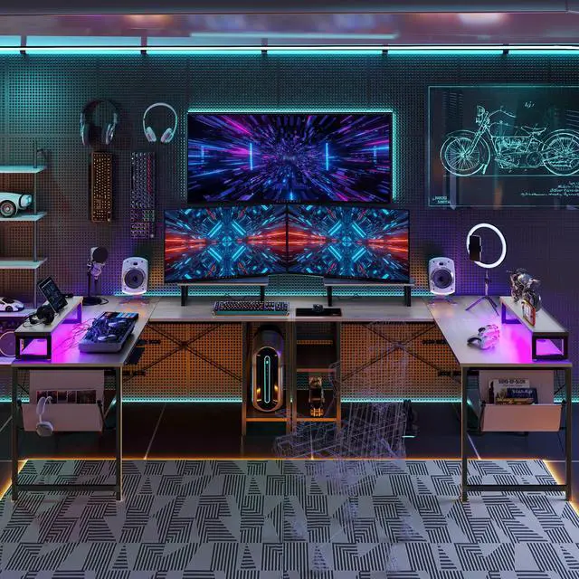 Alt view image 2 of 7 - Bestier L Shaped Gaming Desk with Led Light 95.2 Inch Computer Corner Desk or 2 Person Long Table with Shelves Monitor Stand and Keyboard Tray for Home Office, Wash Gray