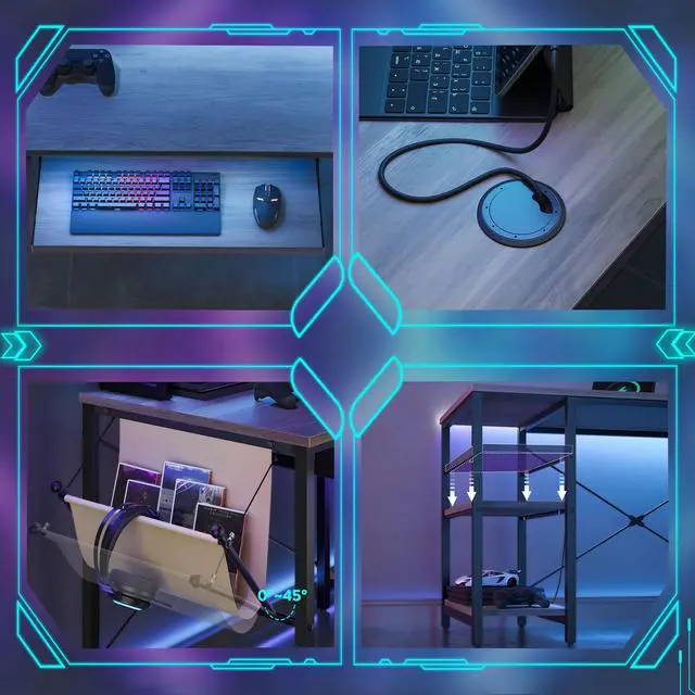 Alt view image 5 of 7 - Bestier L Shaped Gaming Desk with Led Light 95.2 Inch Computer Corner Desk or 2 Person Long Table with Shelves Monitor Stand and Keyboard Tray for Home Office, Wash Gray