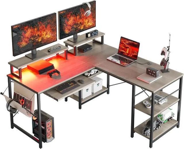 Main image of Bestier L Shaped Gaming Desk with Led Light 95.2 Inch Computer Corner Desk or 2 Person Long Table with Shelves Monitor Stand and Keyboard Tray for Home Office, Wash Gray