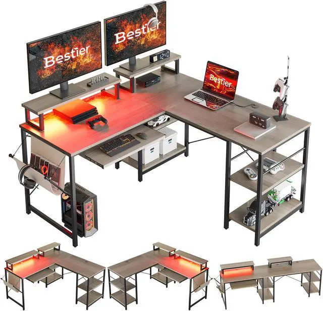 Alt view image 6 of 7 - Bestier L Shaped Gaming Desk with Led Light 95.2 Inch Computer Corner Desk or 2 Person Long Table with Shelves Monitor Stand and Keyboard Tray for Home Office, Wash Gray