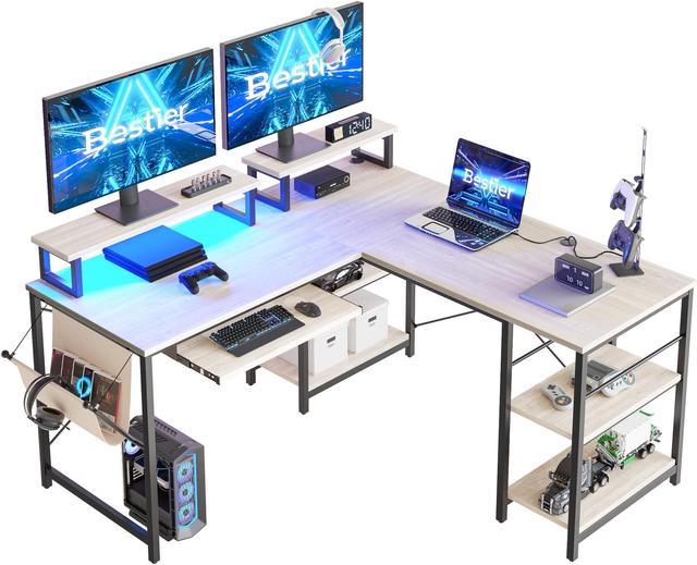 Bestier 95.2 inch L Shaped Gaming Desk with LED Light Home Office Desk with  Monitor Stand & Keyboard Tray in Carbon Fiber