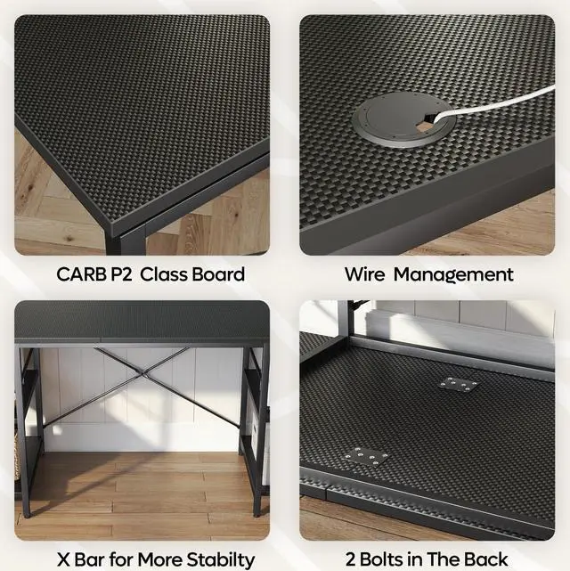 Alt view image 4 of 7 - Bestier L Shaped Gaming Desk with Shelves 95.2 Inch Reversible Corner Computer Desk or 2 Person Long Table for Home Office Large Writing Storage Workstation P2 Board with 3 Cable Holes, Carbon Fiber