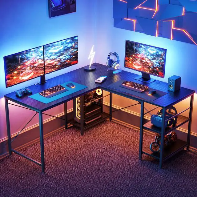Alt view image 3 of 7 - Bestier L Shaped Gaming Desk with Shelves 95.2 Inch Reversible Corner Computer Desk or 2 Person Long Table for Home Office Large Writing Storage Workstation P2 Board with 3 Cable Holes, Carbon Fiber