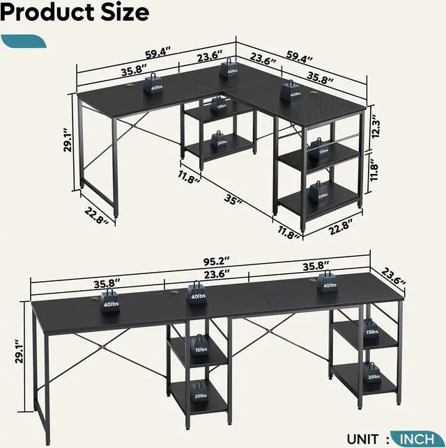 Alt view image 7 of 7 - Bestier L Shaped Gaming Desk with Shelves 95.2 Inch Reversible Corner Computer Desk or 2 Person Long Table for Home Office Large Writing Storage Workstation P2 Board with 3 Cable Holes, Carbon Fiber