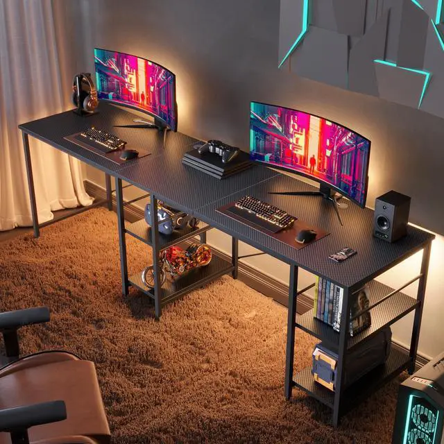 Alt view image 2 of 7 - Bestier L Shaped Gaming Desk with Shelves 95.2 Inch Reversible Corner Computer Desk or 2 Person Long Table for Home Office Large Writing Storage Workstation P2 Board with 3 Cable Holes, Carbon Fiber