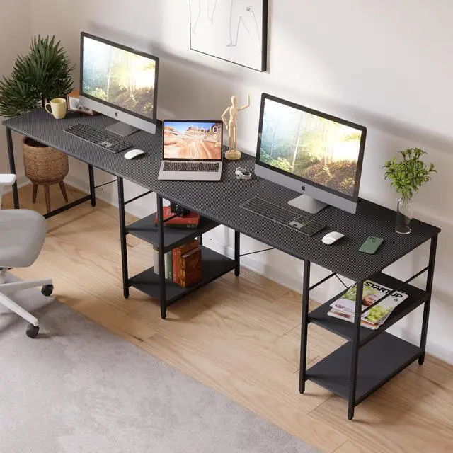 Alt view image 6 of 7 - Bestier L Shaped Gaming Desk with Shelves 95.2 Inch Reversible Corner Computer Desk or 2 Person Long Table for Home Office Large Writing Storage Workstation P2 Board with 3 Cable Holes, Carbon Fiber