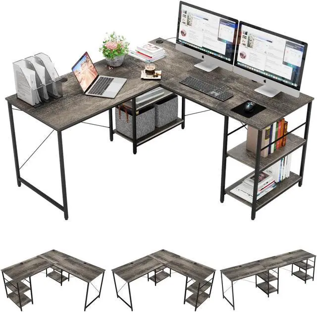 Main image of Bestier L Shaped Desk with Shelves 95.2 Inch Reversible Corner Computer Desk or 2 Person Long Table for Home Office Large Gaming Writing Storage Workstation P2 Board with 3 Cable Holes, Gray