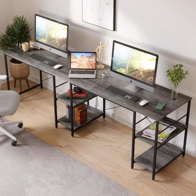 Alt view image 2 of 6 - Bestier L Shaped Desk with Shelves 95.2 Inch Reversible Corner Computer Desk or 2 Person Long Table for Home Office Large Gaming Writing Storage Workstation P2 Board with 3 Cable Holes, Gray