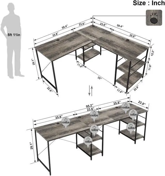 Alt view image 5 of 6 - Bestier L Shaped Desk with Shelves 95.2 Inch Reversible Corner Computer Desk or 2 Person Long Table for Home Office Large Gaming Writing Storage Workstation P2 Board with 3 Cable Holes, Gray