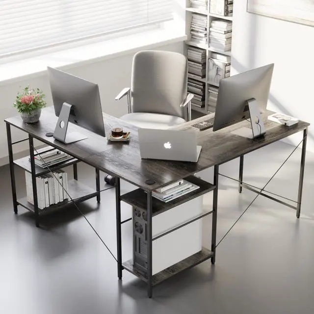 Alt view image 6 of 6 - Bestier L Shaped Desk with Shelves 95.2 Inch Reversible Corner Computer Desk or 2 Person Long Table for Home Office Large Gaming Writing Storage Workstation P2 Board with 3 Cable Holes, Gray