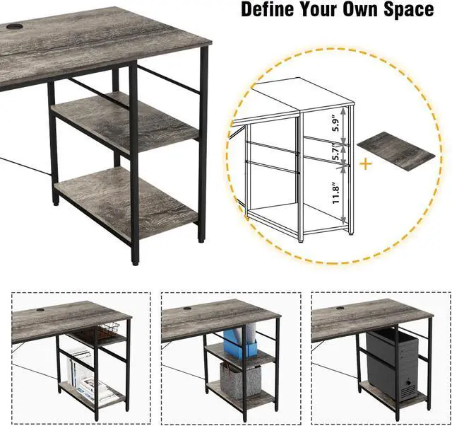 Alt view image 4 of 6 - Bestier L Shaped Desk with Shelves 95.2 Inch Reversible Corner Computer Desk or 2 Person Long Table for Home Office Large Gaming Writing Storage Workstation P2 Board with 3 Cable Holes, Gray