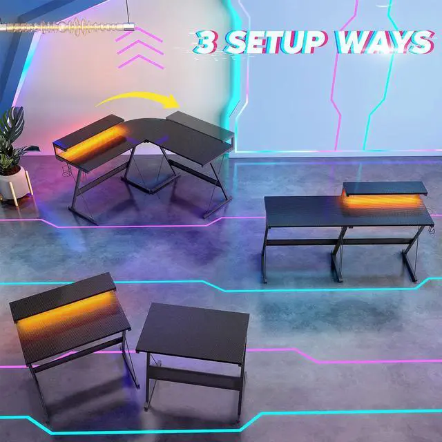 Alt view image 5 of 7 - Bestier 55.2" Gaming Desk, Anti-Case Tilt L-Shaped Desk with RGB Strip Light, Removable Monitor Stand and Multi-Function Hooks, Carbon Fiber Black
