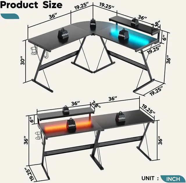 Alt view image 7 of 7 - Bestier 55.2" Gaming Desk, Anti-Case Tilt L-Shaped Desk with RGB Strip Light, Removable Monitor Stand and Multi-Function Hooks, Carbon Fiber Black