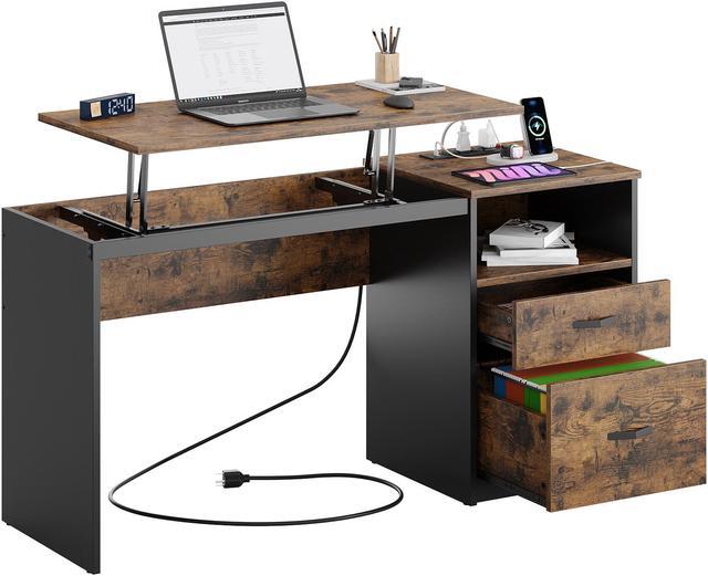 Bestier 59.84 inch Computer Desk with 2 Storage Drawers Power Outlet and Lift Top Rustic Brown Newegg