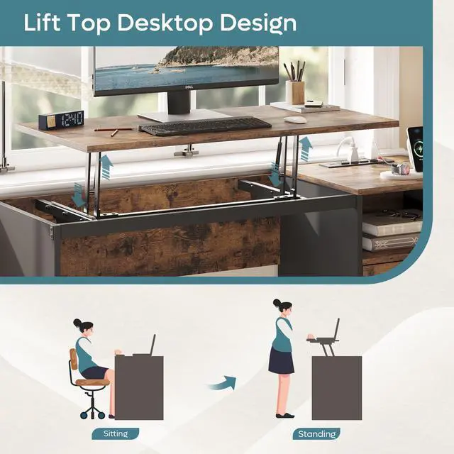 Alt view image 3 of 7 - Bestier 59.84 inch Computer Desk with 2 Storage Drawers Power Outlet and Lift Top Rustic Brown