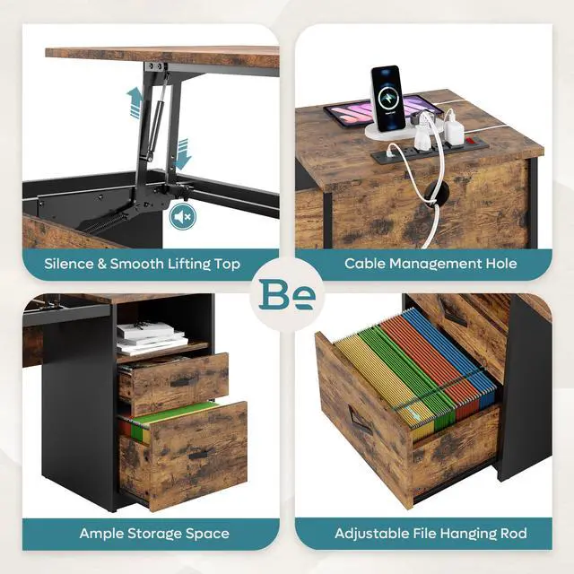 Alt view image 4 of 7 - Bestier 59.84 inch Computer Desk with 2 Storage Drawers Power Outlet and Lift Top Rustic Brown