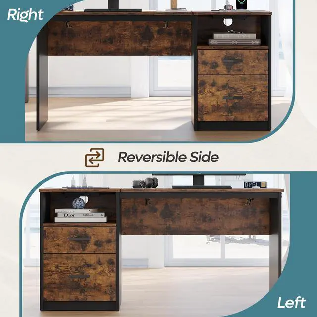 Alt view image 5 of 7 - Bestier 59.84 inch Computer Desk with 2 Storage Drawers Power Outlet and Lift Top Rustic Brown