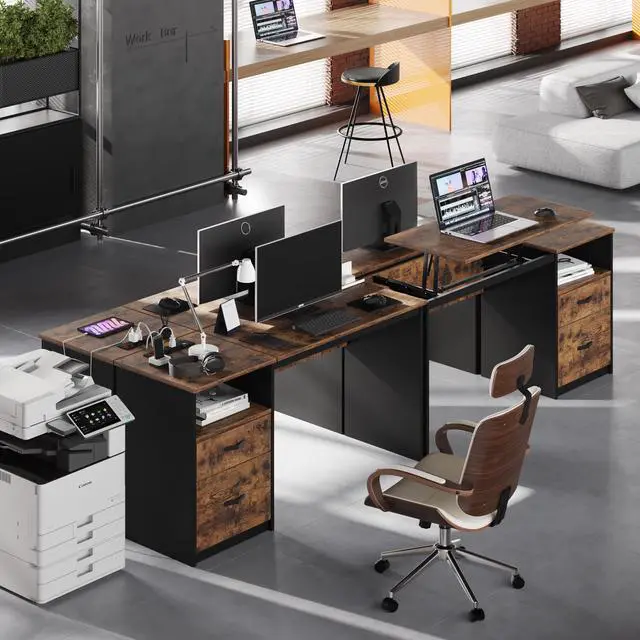Alt view image 2 of 7 - Bestier 59.84 inch Computer Desk with 2 Storage Drawers Power Outlet and Lift Top Rustic Brown
