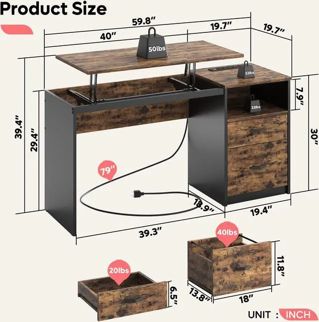 Alt view image 6 of 7 - Bestier 59.84 inch Computer Desk with 2 Storage Drawers Power Outlet and Lift Top Rustic Brown